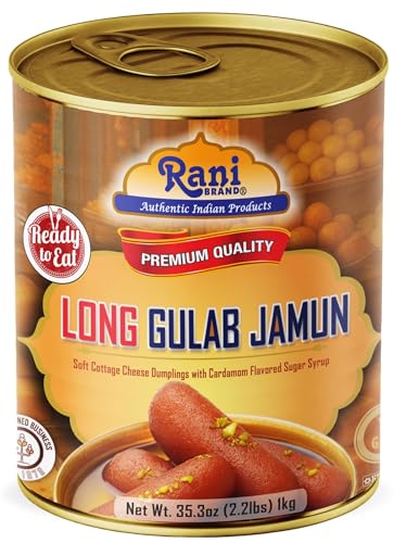 Rani Gulab Jamun Long (w/ Cardamom Flavored Sugar Syrup) 35.3oz (2.2lbs) 1kg, Approximately 14 pieces, Easy Open Lid ~ Ready to eat | Non-GMO | Kosher | Indian Origin