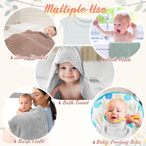 Image of VitalCozy 8 Pcs Baby Muslin Hooded Bath Towels and Washcloths, Muslin Hooded Baby Towels Absorbent Blankets for Gift Newborn Infant Shower (Grey,Blue)