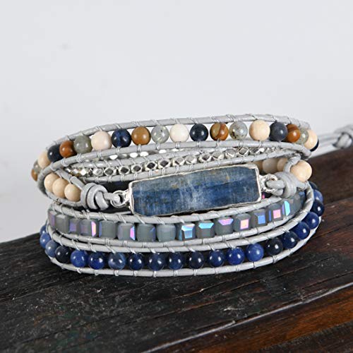 Ygline Handmade Healing Topaz Wrap Bracelet Natural Stones Leather Boho Jewelry (Blue-Topaz) #TOP2