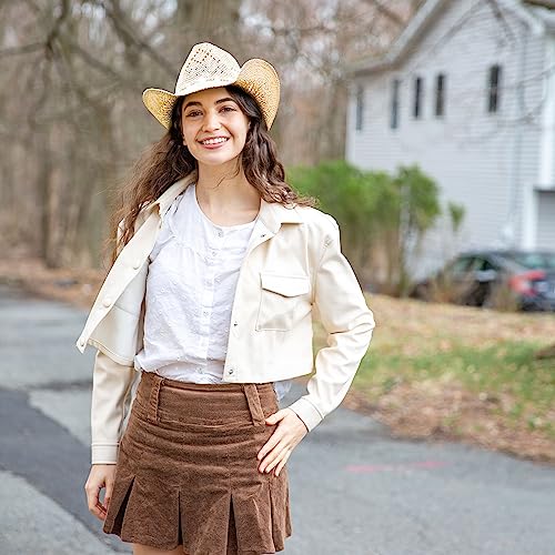 Tovoso Western Cowgirl, Straw Cowboy Hat For Women With Shapeable Brim, Beaded Hearts Trim, Beige #TOP1