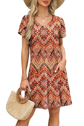 Image of OFEEFAN Womens Summer Dresses 2026 Tulip Petal Short Sleeve V Neck Loose Swing Sundresses with Pockets Plain /Print