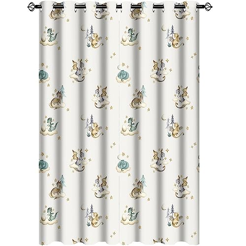 Image of Watercolor Cute Baby Dragon Blackout Curtains for Bedroom,Fantasy Cartoon Mid Century Woodland Dragon Grommet Thermal Insulated Room Darkening Curtains 63L x 21W,2 Panels