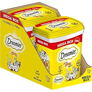 DREAMIES Katzensnacks – 2x350g – mit Käse – Traumhaft knusprige Katzen Leckerlies mit zarter Füllung – Mega Box