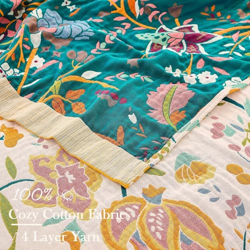 Image of XIBLC Boho Throw Blanket for Bed, 100% Cotton Soft Rustic Quilt Fall Blanket, 50 inchx60 inch Yellow Floral Printed Farmhouse Decor Bed Blankets, All Season Rustic Reversible Bohemian Throw Quilt