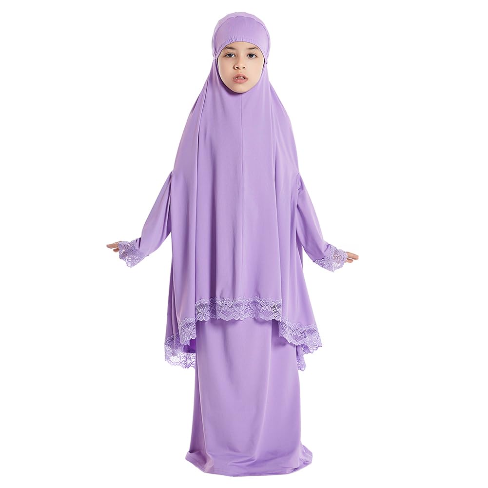Kids Prayer Dress: Muslim Clothes for Girls Long Sleeve Full Cover Lace Hijab Two-Piece Dress Modest Islamic Maxi Abaya Kaftan Dubai Arabian Jilbab Eid Ramadan Thobe Purple 7-8 Years