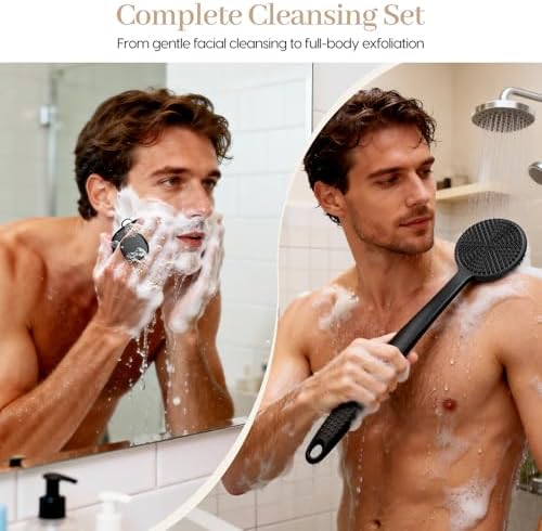 Back Scrubber for Shower & Face Scrubber, 2Pcs Silicone Exfoliating Brush Set with 17In Long Handle, Soft Body & Facial Cleansing Scrubber for Men Women - 1