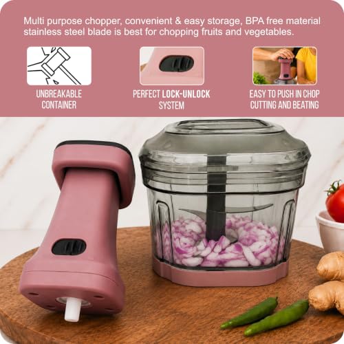 Image of TEKCOOL Food Chopper 800ml, 4 Blade Steel Large Manual Hand-Press Vegetable Chopper Mixer Cutter to Cut Onion, Salad, Tomato, Potato (Dusty Blush)