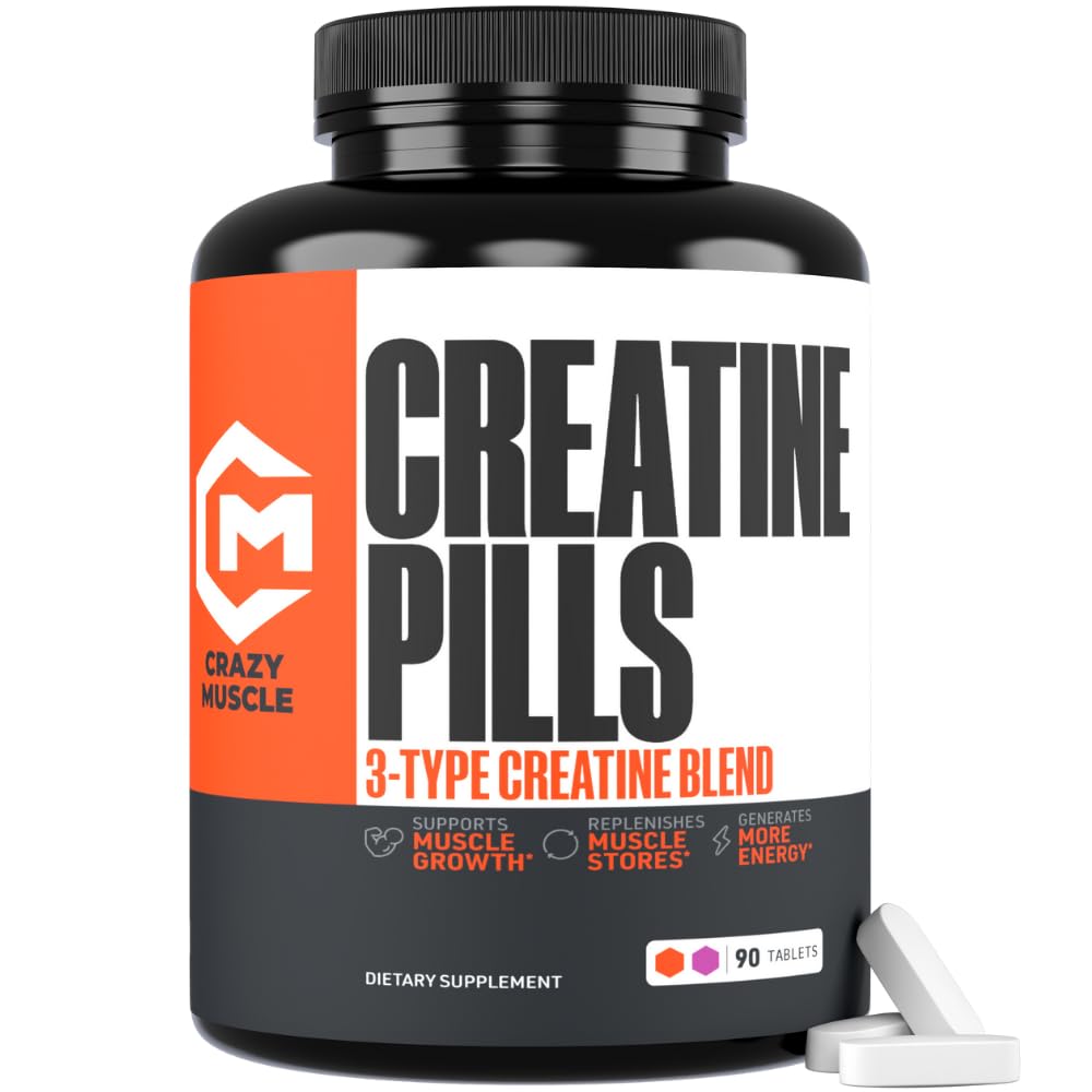 Crazy Muscle Creatine Pills 5g 3X Pure Creatine Monohydrate Pre Workout Muscle Mass Gainer High Absorption ThreeAtine Performance Men Women Tablets - 30 servings