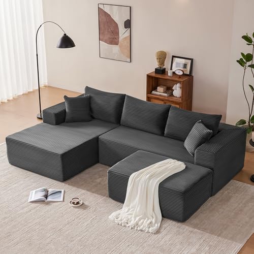 Image of Mangodan 110 inch Cloud Sectional Couch, Modular Sectional Sofa with Deep Seat, Boneless Sofa for Living Room, Fluffy Comfy U-Shaped Couch with Left Facing Chaise, No Assembly Required, Grey