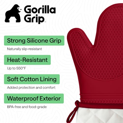 Image of Gorilla Grip Silicone Non Slip Oven Mitt Set, Soft Flexible Oven Gloves, Professional Heat Resistant Kitchen Cooking Mitts, Protect Hands from Hot Surfaces, Cookie Sheets, Red Pair, Set of 2