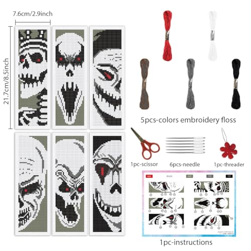 Image of INFUNLY 6PCS Skull Theme Cross Stitch Kit for Beginners 8.5x3 DIY Bookmarks Cross Stitch Kits Black White Horror Embroidery Cross Stitch Kits with Backing Felt Floss Instruction for Book Lovers