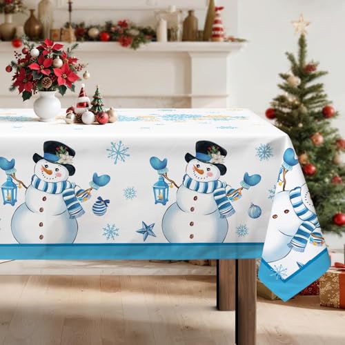 Arquiel Mantel Rectangle, Navidad Azul Muñeco De Nieve Copo De Nieve Mantel Impermeable Antimanchas Lavable Duradera Verde para Cocina Comedor Fiestas Primavera Verano(152X213Cm)