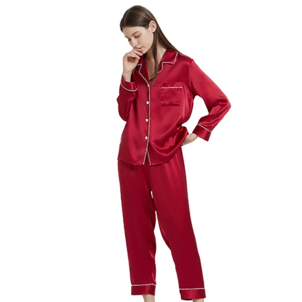 Conjunto de Pijama de Seda de Dos Piezas, Pijama de Manga Larga Transpirable Adecuado para la mayoría de Las Mujeres, Rojo-L,Red-L