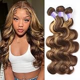 Perstar Highlight Human Hair Bundles Honey Blonde Body Wave 3 Bundles 16 18 20 Inches 100% Brazilian Virgin Hair Ombre 4/27 for Women Colored Human Hair Sew In Weave