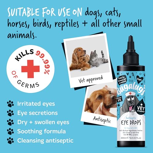 BUGALUGS Dog Eye Drops 200ml, Antiseptic eye drops for dogs, puppy, cats & animals. Antibacterial helps dry, itchy, irritated, gunky & tear stain eyes. Eye Wash Cleaner - Image 4