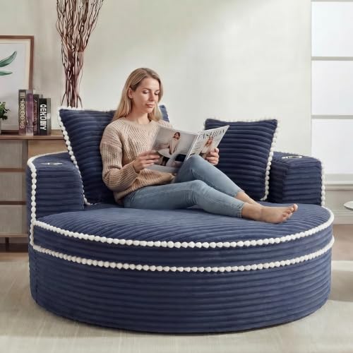 Image of Oversized Round Chair Lounge Chaise Indoor, 54.3 inch Upholstered Corduroy Deep Seat Single Cloud Sofa Chair with Cup Holder, Modern Large Circle Boneless Sleeper Sofa for Living Room, Blue