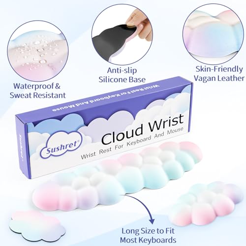 Image of Sushret Cloud Wrist Rest Keyboard, Cloud Keyboard Wrist Pad Set with PU Leather Memory Foam, Cute Arm Rest for Palm Support, PC /Gaming Desk Accessories /Office Setup /Computer Hand Cushion - Rainbow
