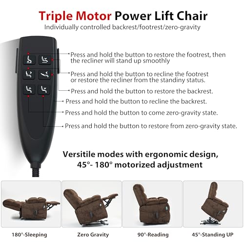 Oversized Zero Gravity Power Lift Recliner Chair for Elderly Adults Big Man Electric Lay Flat Recliner Triple Motor with Heat and Massage, Adjustable Seat Height, Arm Storage, Cup Holder