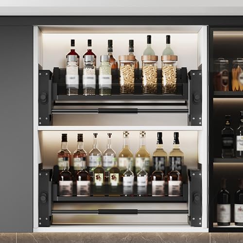Double-Layer Pull-Out Shelving Unit, Kitchen Storage Solution with Lift-Up Basket, 25.98in Spice Rack Organizer for Home Cabinet and Bar, Space-Saving Design