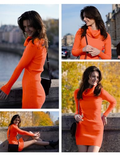 Image of v28 Sweater Dress for Women Ribbed Knit Fitted midi Sexy Fall Winter Bodycon Cowl Neck Dresses