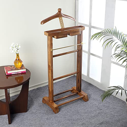Image of BEVERLY STUDIO Natural Light brown Teak Wooden Sturdy Coat Stand /Cloth Hanger with Two Drawers(Length 47CM x Width 30CM x Height 104CM)