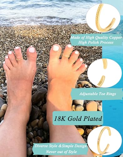 Tornito 12Pcs 18K Gold Filled Toe Rings Minimalist Thin Wire Cubic Zirconia Summer Beach Toe Rings Open Adjustable Foot Jewelry for Women Silver Gold Tone3