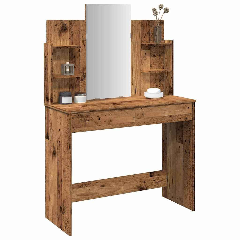 Toeletta trucco legno antico con specchio 96x39x142 cm, tavolo vanità con 2 cassetti e 4 ripiani portaoggetti, mobiletto consolle per camera da letto e bagno, postazione make up salvaspazio