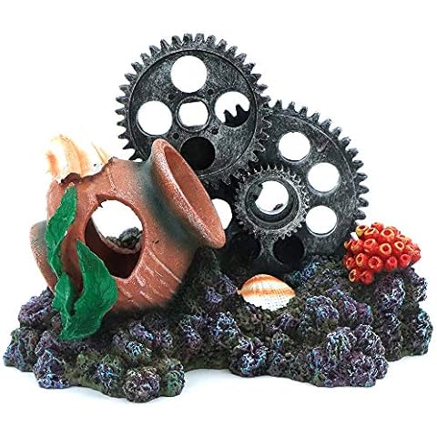 HRRIVE Aquarium Coral Reef Rock Sunken Gear Wheel Decoration for Cichlid Goldfish Fish Tank Ornament Cover