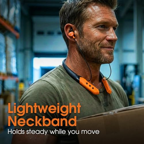 Image of MANHATTAN Bluetooth Wireless Neckband Headphones - Work Earbud Earphones with 15H Playtime, Noise-Isolating, IPX4 Water Resistant, Built-in Mic - for Work, Music, Calls (Black /Orange)