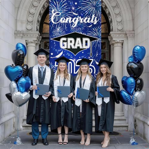 Image of Graduation Decorations, 2026 Graduation Banner Door, Blue and Black Graduate Banner Backdrop Class of 2026 Congrats Grad Sign for University Commencement High School Farewell Ceremony Party 90*185cm