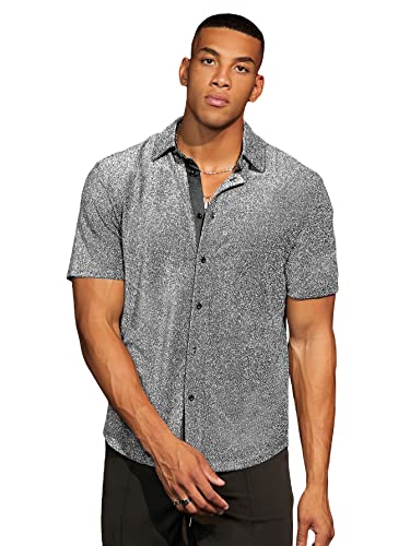 WDIRARA Mens Button Front Short Sleeve Collar Glitter Shirt Metallic Party Club Tops Pure Silver L