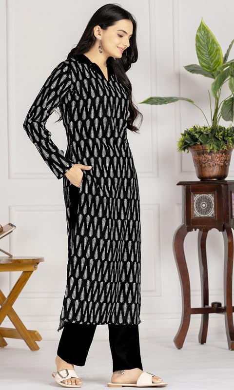 Image of 24 Carat Suit Women's Rayon Blend Straight Kurta Pant Set with Full Sleeves Collared Neck Printed Pattern Regular Fit and Calf Length