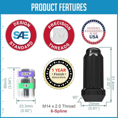 Image of Wheel Accessories Parts 24 Pcs M14x2 14x2 Thread Truck 2.00 inch Long Spline Lug Nuts Black Chrome 6 Spline Hex Fits Ford F-150 Expedition Lincoln Navigator