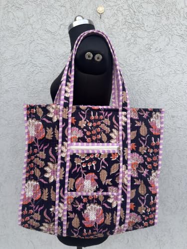 Image of Quilted Cotton Hand printed Reversible Large multicolor cotton Tote Bag,Indian Handmade Block Printed Tote Bag Women Handbag