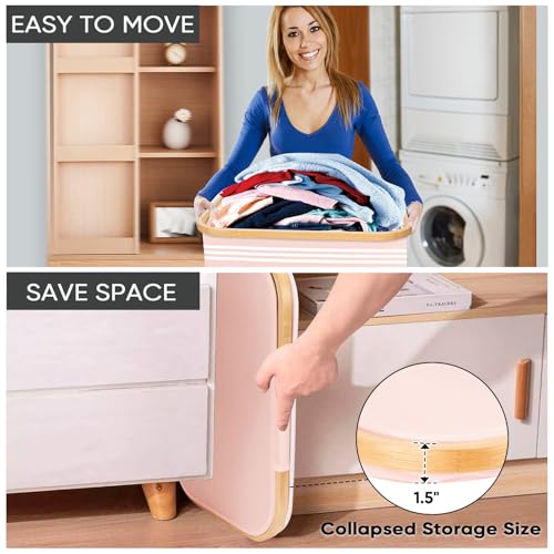 Image of BALEINE Laundry Hamper with Lid, Tall Laundry Baskets with Bamboo Pull Handles, Large Laundry Bin with Internal Support (18 Gal /70L, Pink Pinstripe)