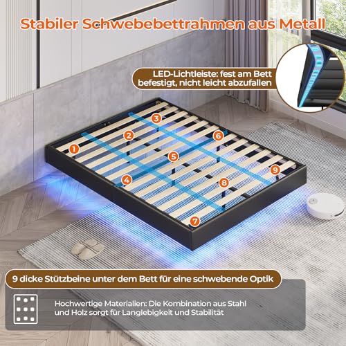 DICTAC Bett 140x200 mit Verstellbarer Beleuchtung,Bettgestell 140x200 mit weicher Polsterung, Floating Bed Frame, Gepolstertes Jugendbett für Schlafzimmer, Gästezimmer, Leichte Montage, Schwarz