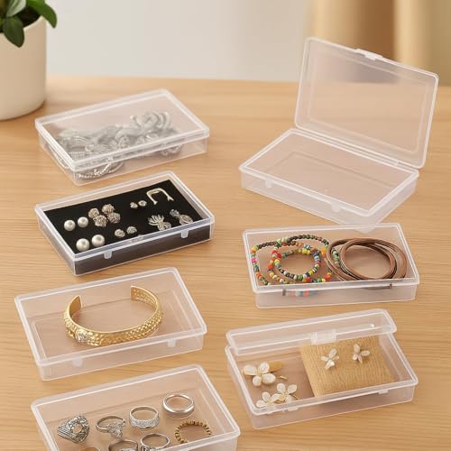 Image of Clear Plastic Storage Containers with Lock Lid Set of 6 (14x9x2.5cm) Rectangular Transparent Small Organizer Boxes for Jewellery Earrings Rings Beads Sewing Craft Portable Box for Home Office Travel