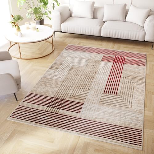 TAPISO Crystal Tapis Poils Courts Moderne Rouge Blanc Beige Motif Lignes Effet 3D Brillant Doux Tapis Salon Chambre Adulte Salle à Manger Oeko-TEX 80 x 150 cm