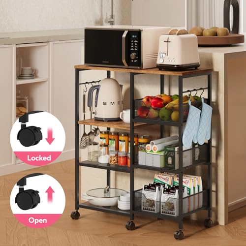 SWTYMIKI Kitchen Island Cart on Wheels - 4 Tier Rolling Kitchen Table Cart with Storage Shelves, 6 Removable Hooks& Locking Casters, Coffee Bar Cabinet for Dining Room Pantry Office, Espresso - Thumbnail 6
