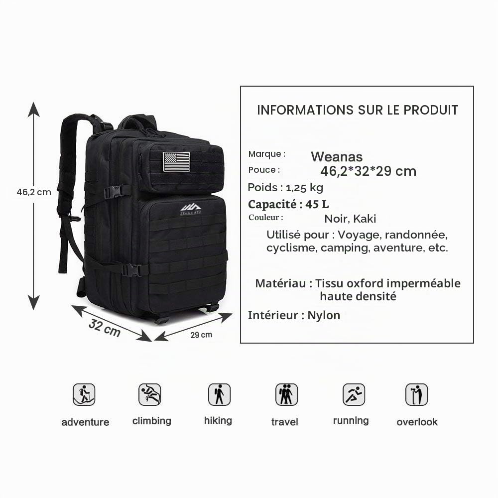 Sac à Dos Tactique, 45L Sac Militaire Molle pour Randonnée, Camping, Chasse et Voyage en Plein Air pour Hommes et Femmes