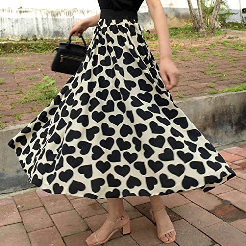 ebossy Women's Heart Print Elastic High Waist Swing Flared A-Line Midi Long Skirt3