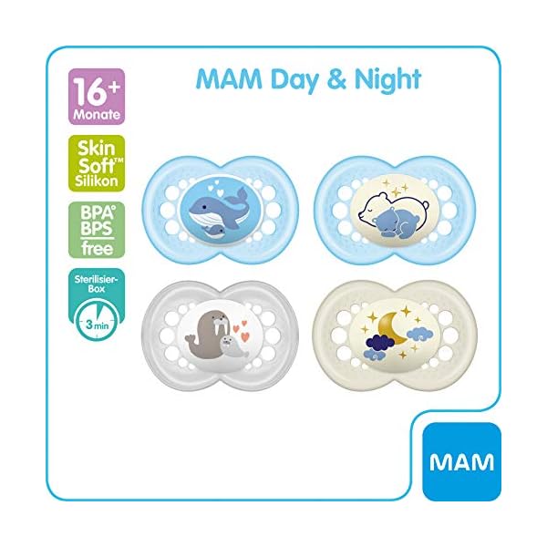 MAM Day & Night Schnuller-Set im 4er-Set, 2x MAM Original und 2x MAM Night, zahnfreundlicher Silikonschnuller aus… – Bild 3