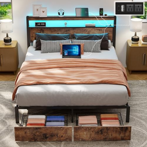 Image of Full Size Bed Frame with 2 Storage Drawers, Full Bed Frame, Vintage Brown | LED Light, Charging Station, Wood Headboard, Metal Platform, No Box Spring Needed, Noise Free, Easy Assembly
