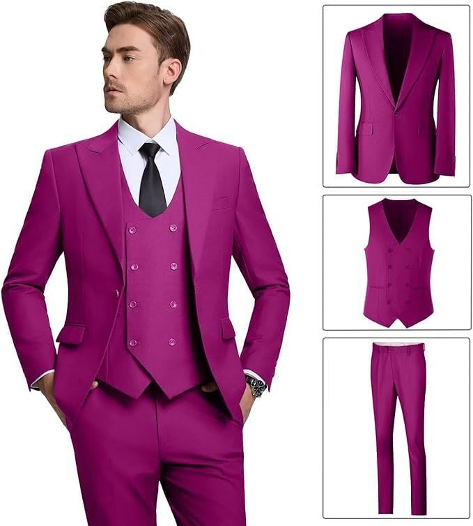 Men's 3 Pieces Suit Single Breasted Button Jacket Pants Notch Lapel Prom Business Tuxedos4