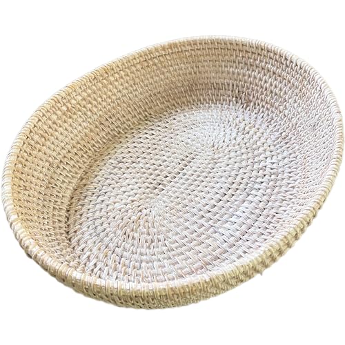 amololo14" Oval White Rattan Fruit Serving Basket,Table Décor Wicker Bread Serving Basket Tray with High Wall,Large Rattan Dining Table Centerpiece Bowl for Various Things,Bread,Snack,Odds and Ends
