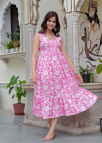 Image of Floral Print Rayon Midi Dress, Sleeveless, Lime Green and White, A-Line Empire Waist