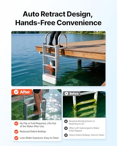 Image of VEVOR Retractable Dock Ladder, 4 Steps, Aluminum Alloy Pontoon Boat Swim Ladder with Auto-Lift Float, Non-Slip Wide Steps, 500 lbs Weight Capacity, Adjustable Height, for Lake Pool Marine Boarding