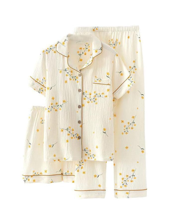 Womens 3pcs Cotton Pajamas Set Short Sleeve Sleepwear Fruit Print Cute Pj Set with Long Pants