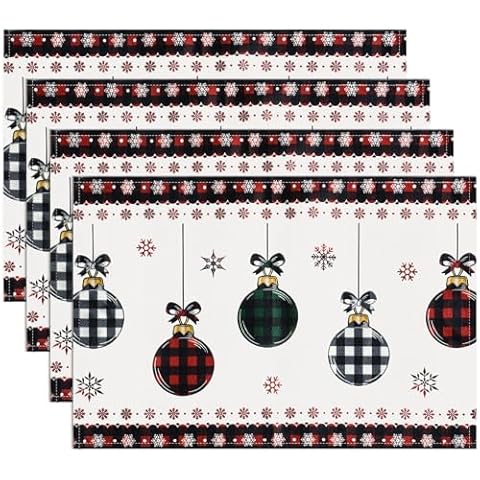 Maxpearl Winter Placemats Set of 4, Buffalo Plaid Festive Valentines Colorful Lights Table Mats for Dining Table Decorations, Thick Woven Cotton Linen Holiday Place Mats, 18 × 12 Inch Cover