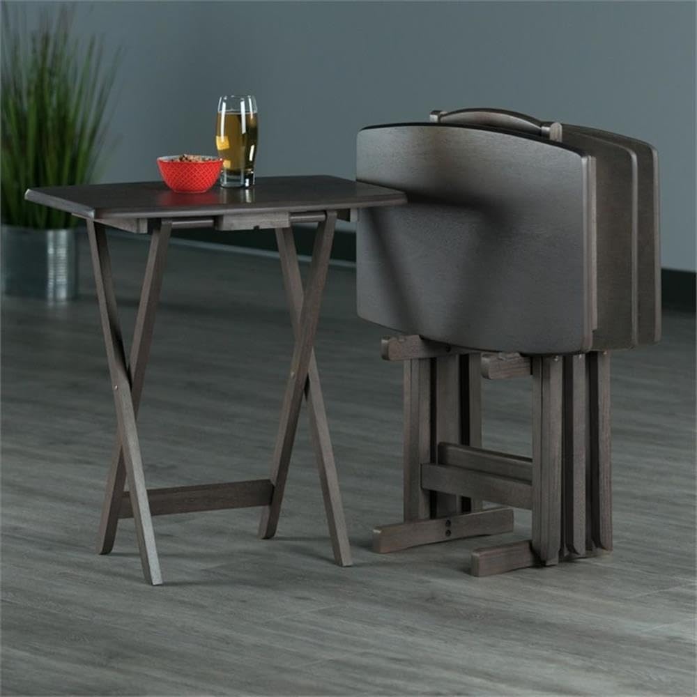 Pemberly Row 5-Piece Solid Wood Snack Table Set, Oyster Gray Finish, Foldable Tables with Storage Rack, 23.62" W x 15.75" D x 25.51" H, Transitional Style, Casual Dining or TV Room Use